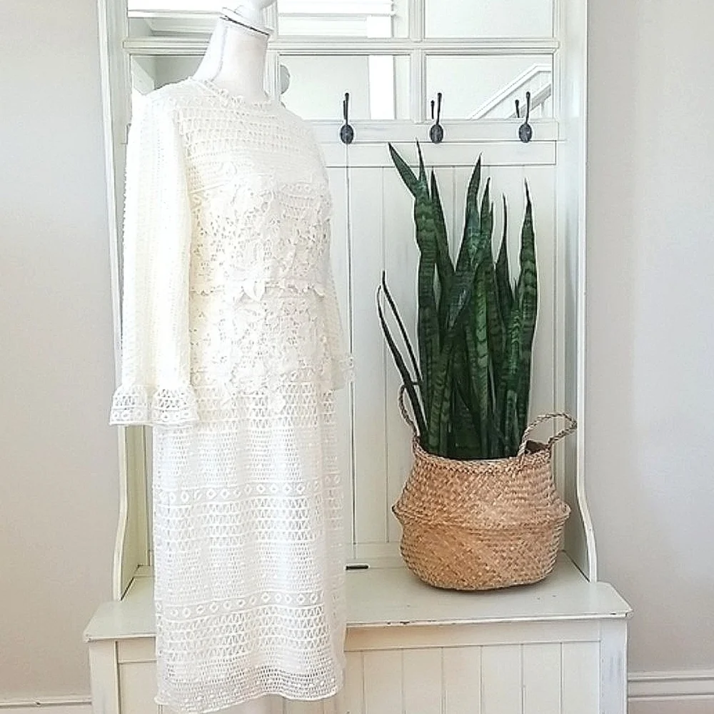 Stunning Off White Fitted  Lace Midi Dress - Picture 3 of 12